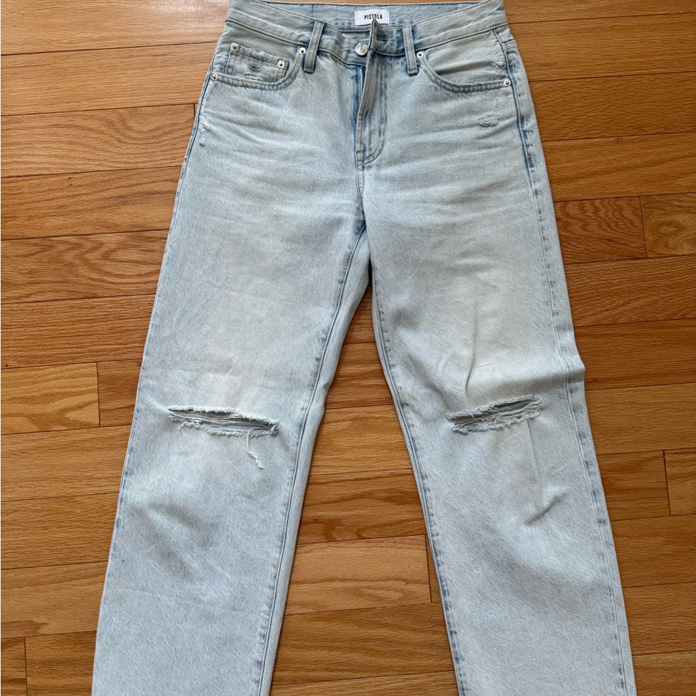 pistola Light Wash Straight Leg Jeans with Knee Rips